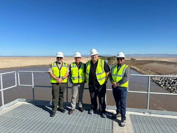 At the New River diversion structure. Left to right: Ocotillo Wells District Superintendent Enrique Arroyo, Director Armando Quintero, CNRA Deputy Assistant Secretary Mario Llanos and CNRA Public Affairs Officer Miguel Hernandez.